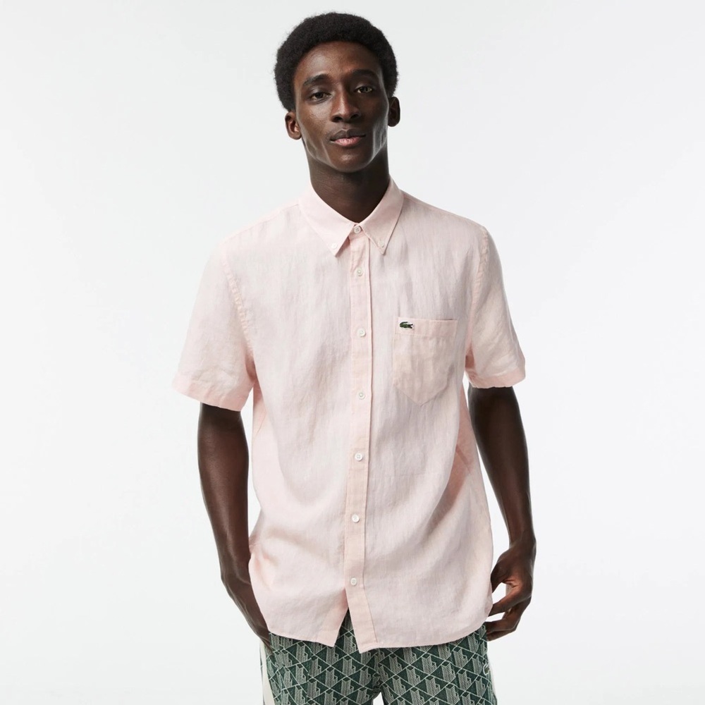 Lacoste Men's Light Pink Button Down Shirt linen size M